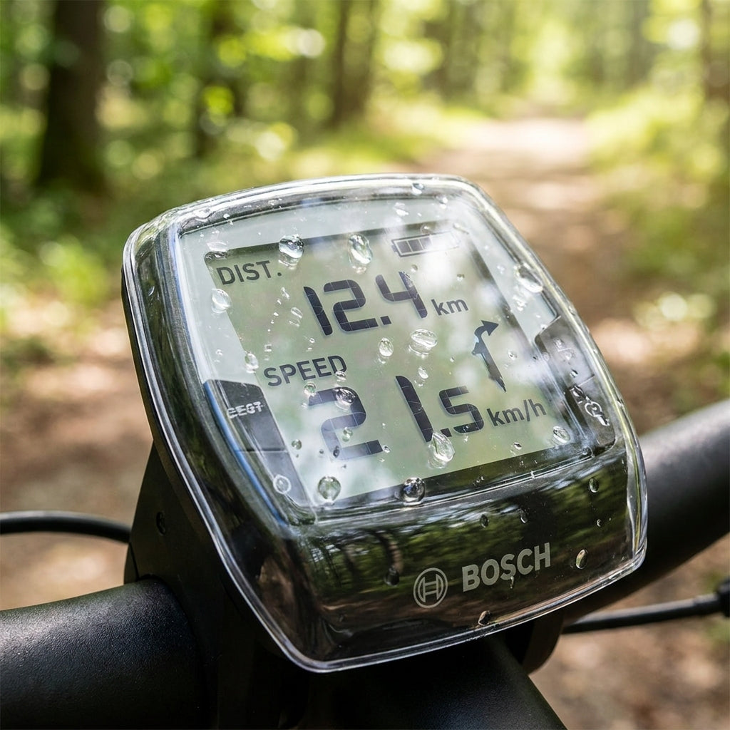 MH-Cover transparenter Display-Schutz für Bosch Intuvia 100. Schützt E-Bike Display vor Kratzern, Schmutz und Feuchtigkeit.