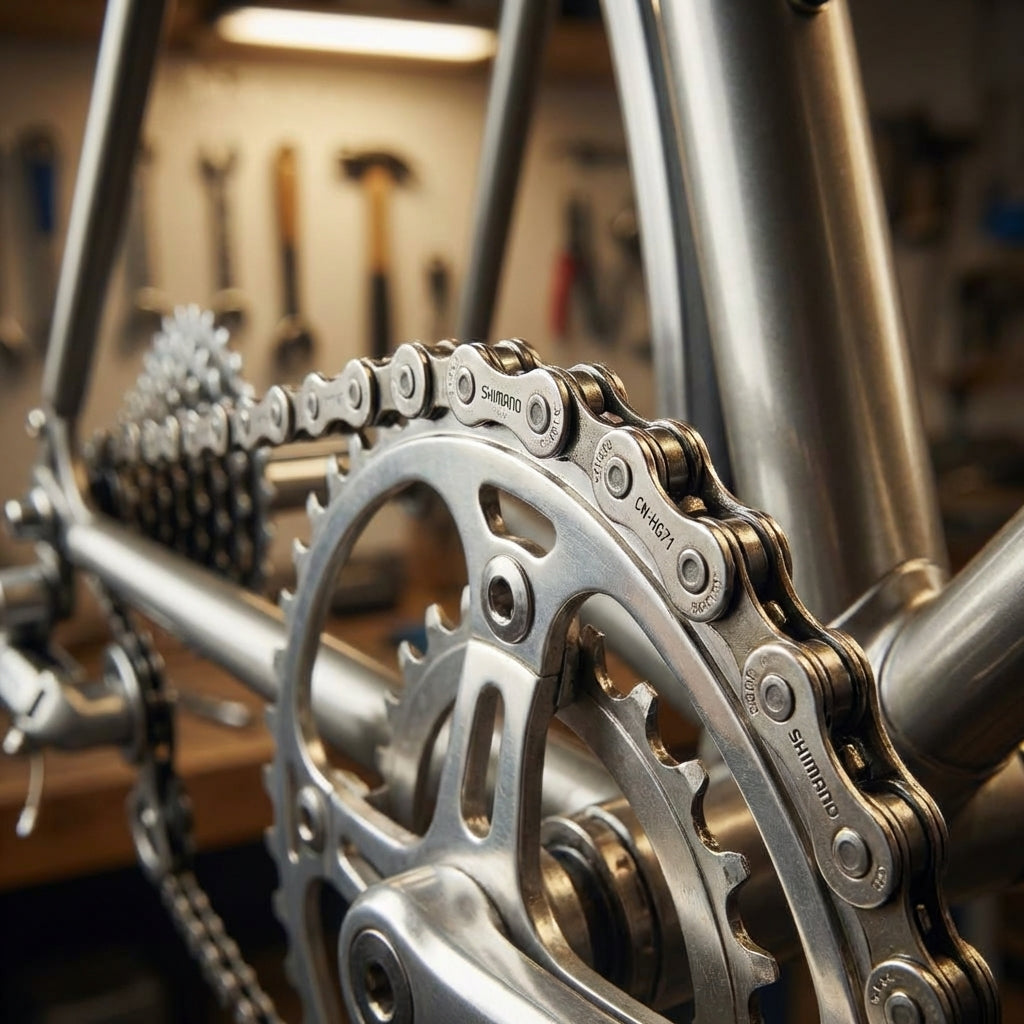 Shimano CN-HG71 Fahrradkette 6-/7-/8-fach mit 116 Gliedern montiert auf einem Kettenblatt in der Nahaufnahme.
