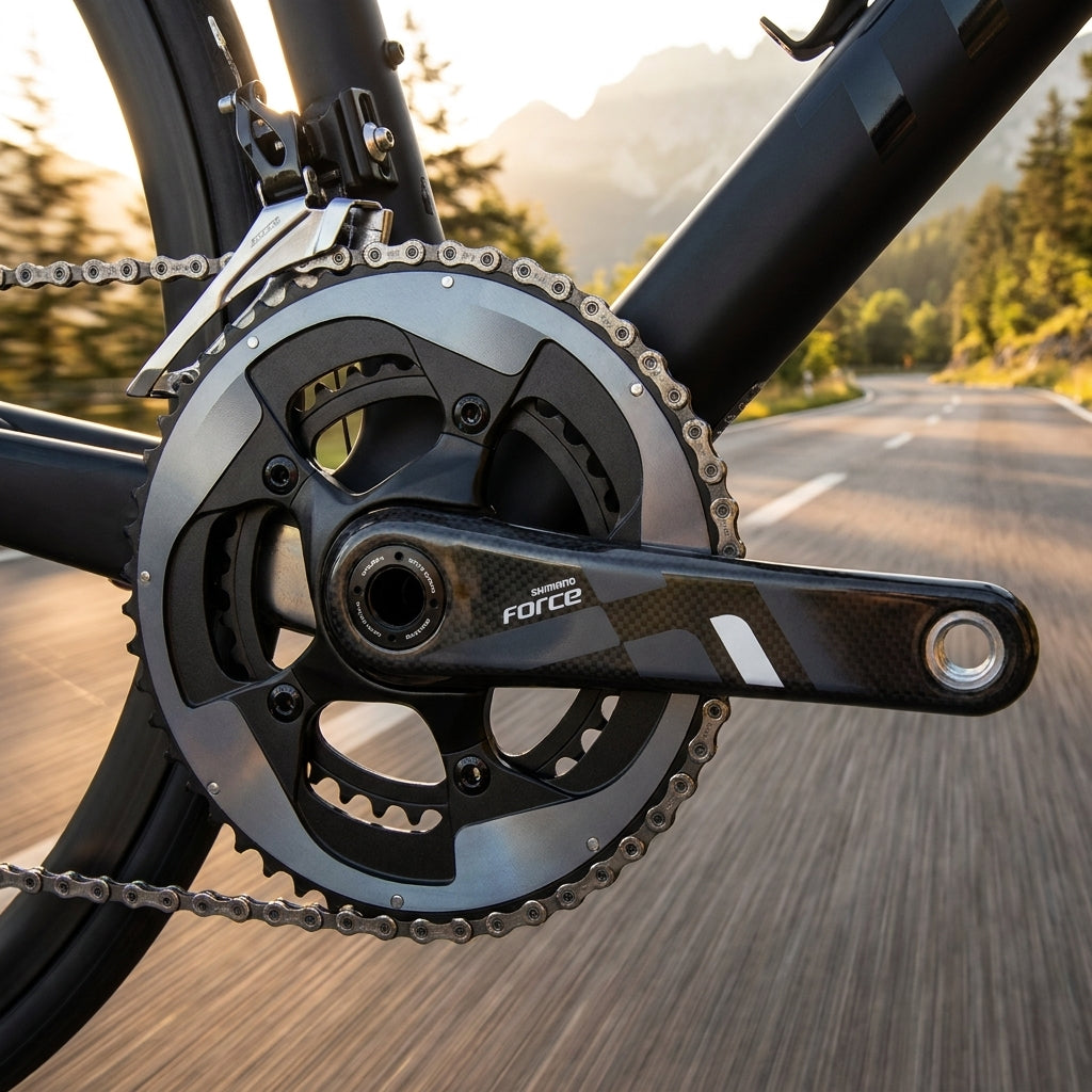 SRAM Force 22 Rennrad-Kurbelsatz 50-34T GXP, leichte Performance-Kurbel, auf kurviger Bergstraße bei Sonnenuntergang.