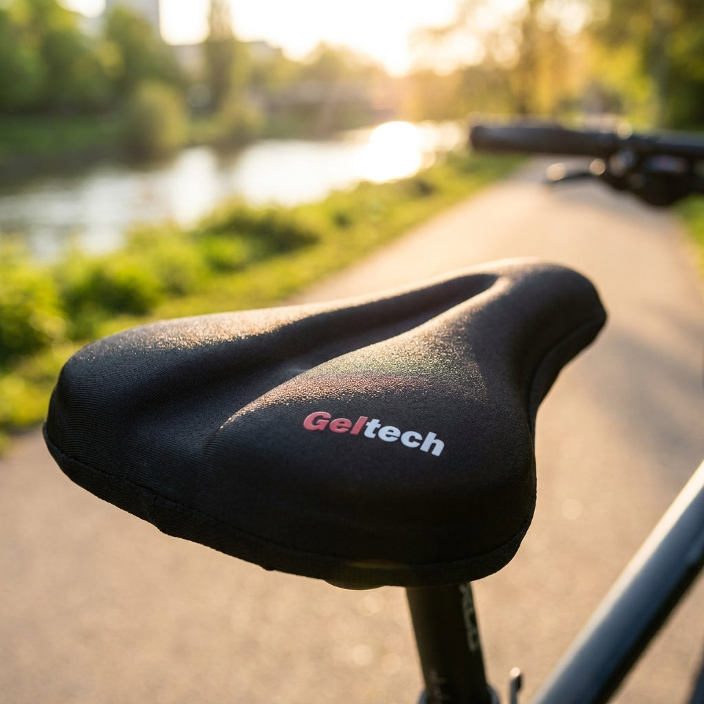 Schwarzer XLC Geltech Ergo Sattelüberzug SC-G02 für Touren/City XL auf Fahrradsattel bei Sonnenuntergang.