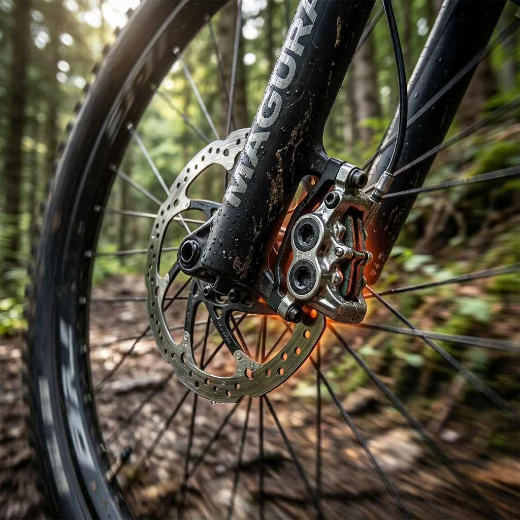 Kool-Stop E-Bike Scheibenbremsbelag Magura MT5 an Mountainbike-Bremse auf Waldweg.