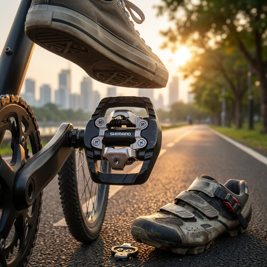 SHIMANO PD-ED500 Kombipedal mit Plattformschuh über dem Pedal und Klickschuh mit Cleat auf Radweg.