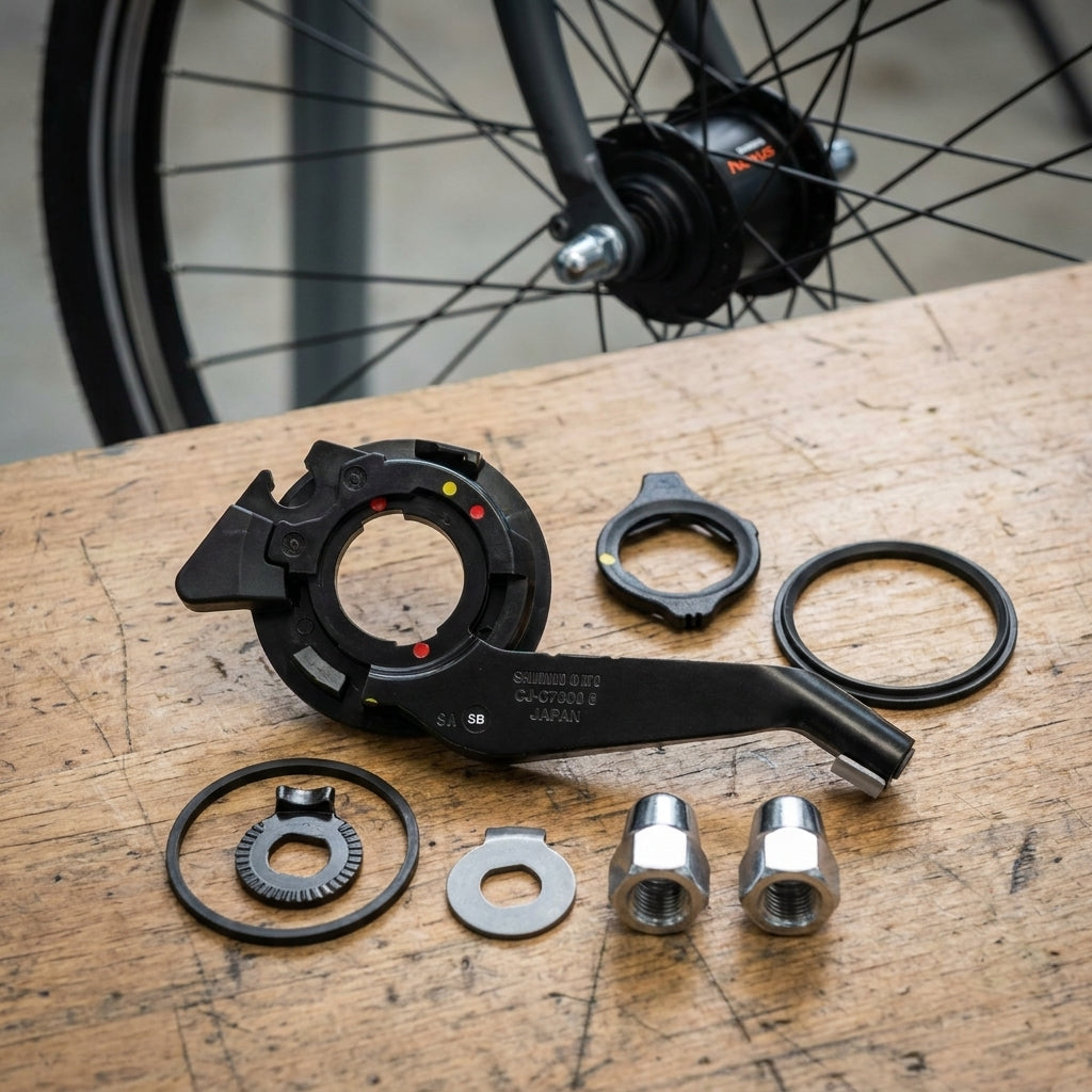 SHIMANO NEXUS CJ-C7000 Kleinteile Getriebenabe auf Holzbrett mit Fahrrad im Hintergrund.