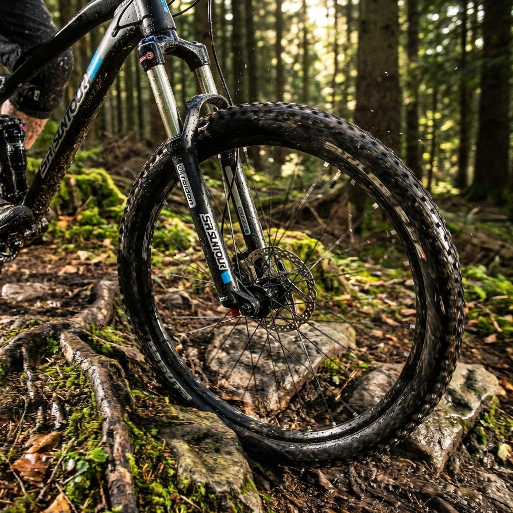 Detailaufnahme: SR Suntour RAIDON32 Federgabel 26 Zoll schwarz am Mountainbike auf Offroad-Trail.