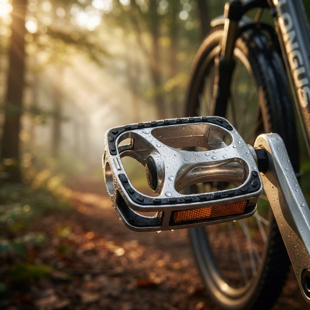 Silberne Longus SP-811 Trekking-Pedale aus Aluminium mit Reflektoren für stabilen Halt und Sicherheit am Fahrrad.