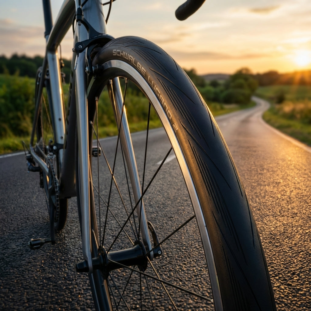 Schwalbe Faltreifen Lugano II am Rennrad auf Landstraße bei Sonnenuntergang.