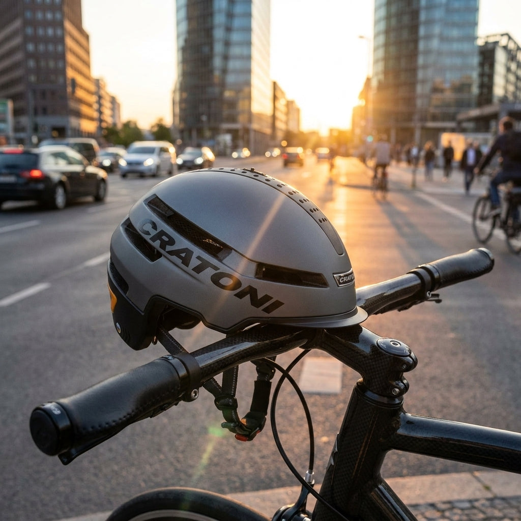 Cratoni Helm Smartride 1.2 Ped anthrazit matt auf Fahrrad in Stadt bei Sonnenuntergang.