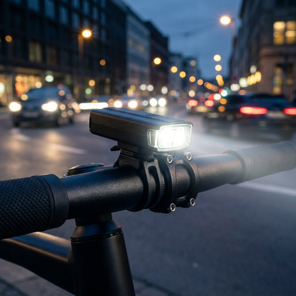 Schwarze MonkeyLink Lenkerhalterung für Frontbeleuchtung am Fahrradlenker in der Stadt bei Nacht, einfache Klick-Montage.