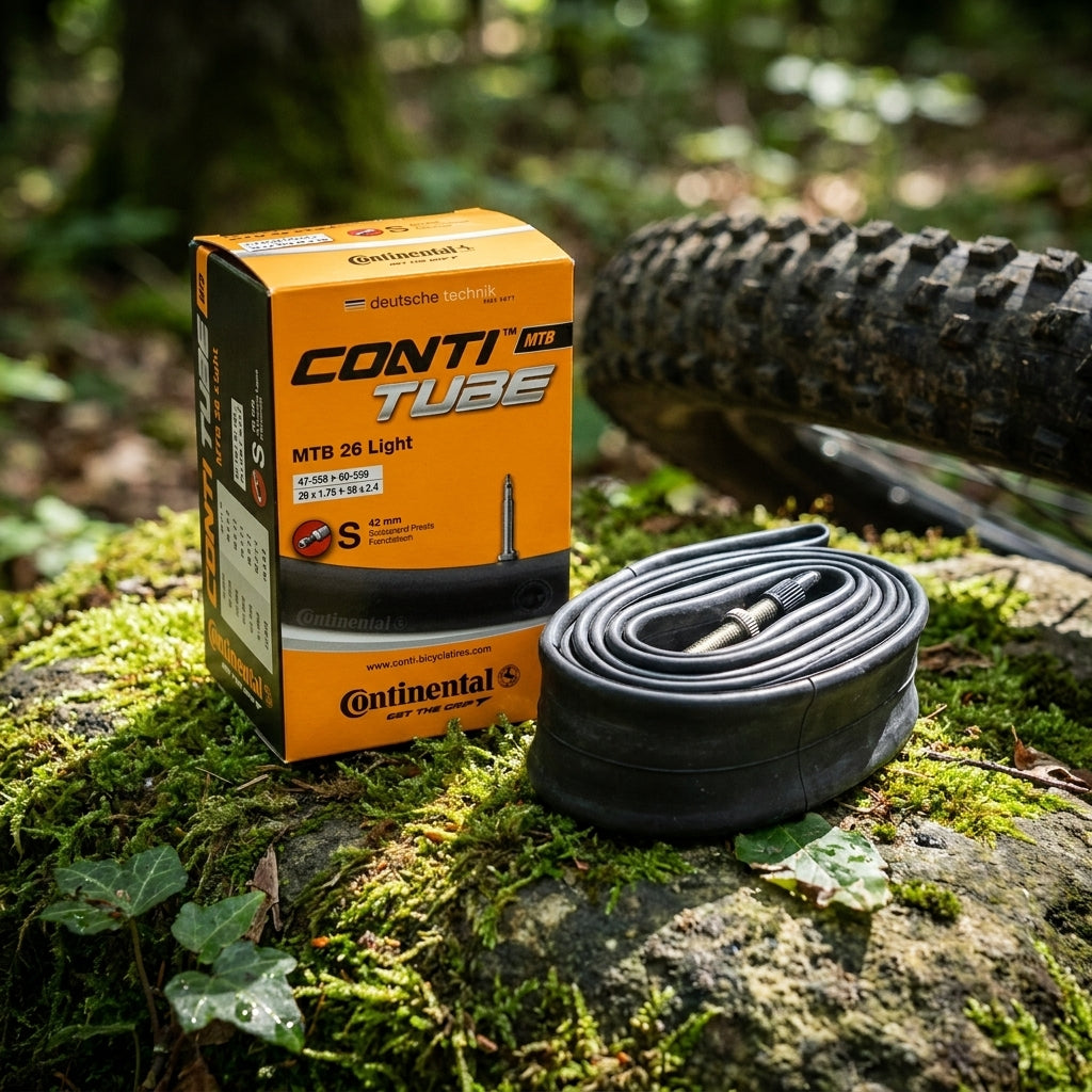 Continental Conti MTB 26 Light Schlauch (47/60-559 SV 42mm) und Verpackung auf Moos vor Mountainbike-Reifen.