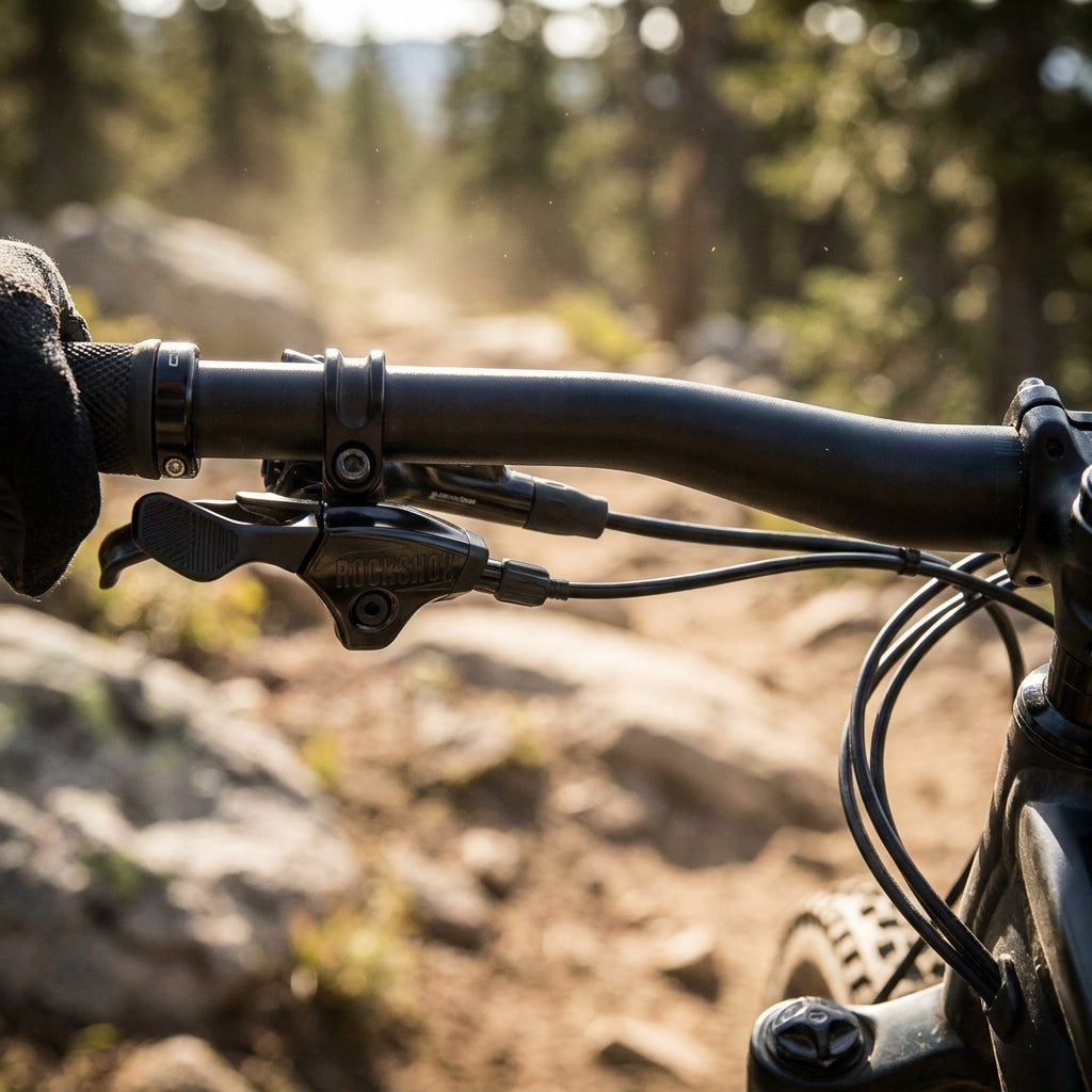 RockShox Remote Upgrade Kit rechts oben am Mountainbike-Lenker, eine Hand am Griff, auf staubigem Trail.