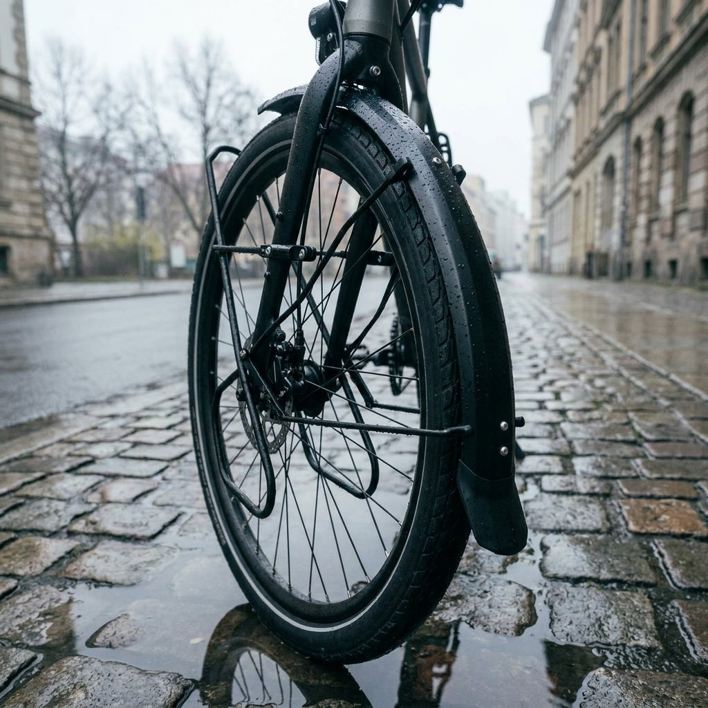 Schwarzes SKS Edge AL 46 Aluminium-Strebenset am 28-Zoll-Fahrradschutzblech auf nasser Kopfsteinpflasterstraße.