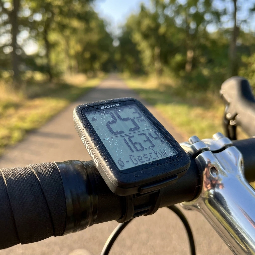 Sigma BC 8.0 WL ATS kabelloser Fahrradcomputer am Lenker, zeigt 25.3 km/h und 16.34 km bei Fahrt.