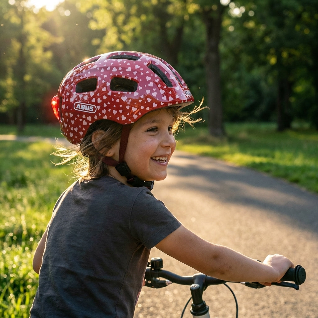 Abus Kinderhelm Youn-I 2.0 cherry heart. Mädchen lächelt auf Fahrrad mit rotem Herzhelm.