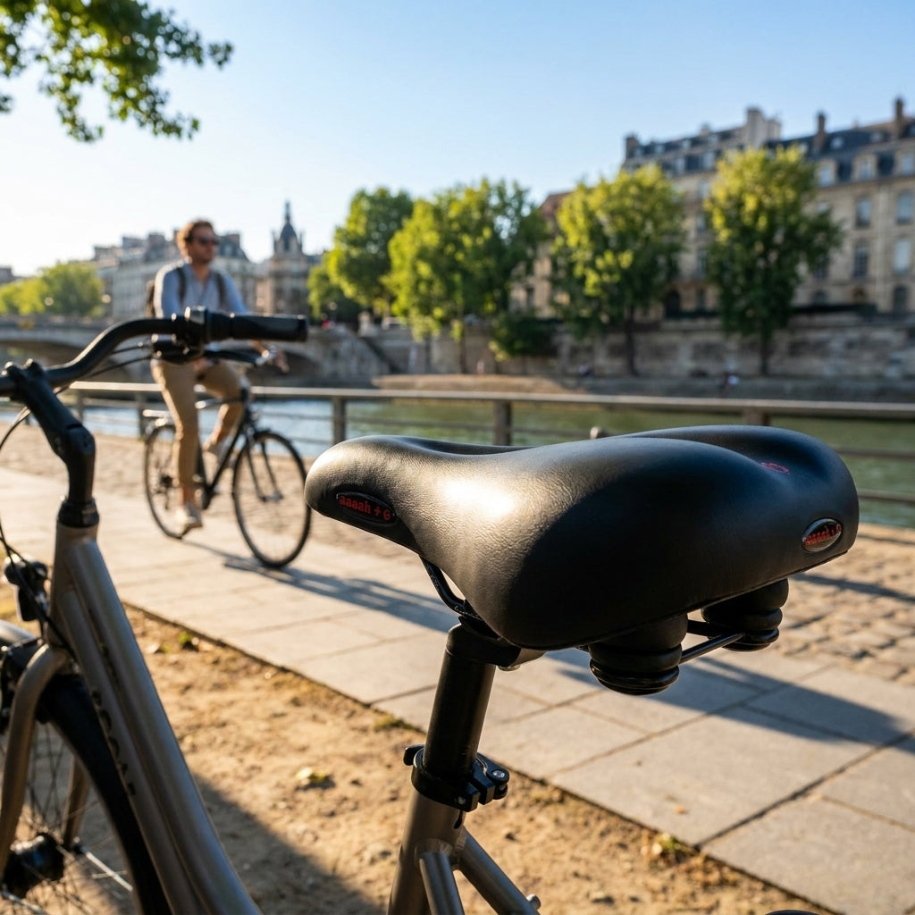 P&P Bequemsattel aaaah+O 611 schwarz auf einem Fahrrad am Flussufer in der Stadt.