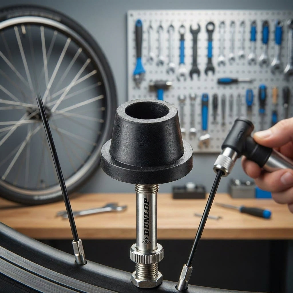 Schwarzer Fahrradventil-Ersatzgummi auf Dunlop Ventil an Fahrradlaufrad in Werkstatt.