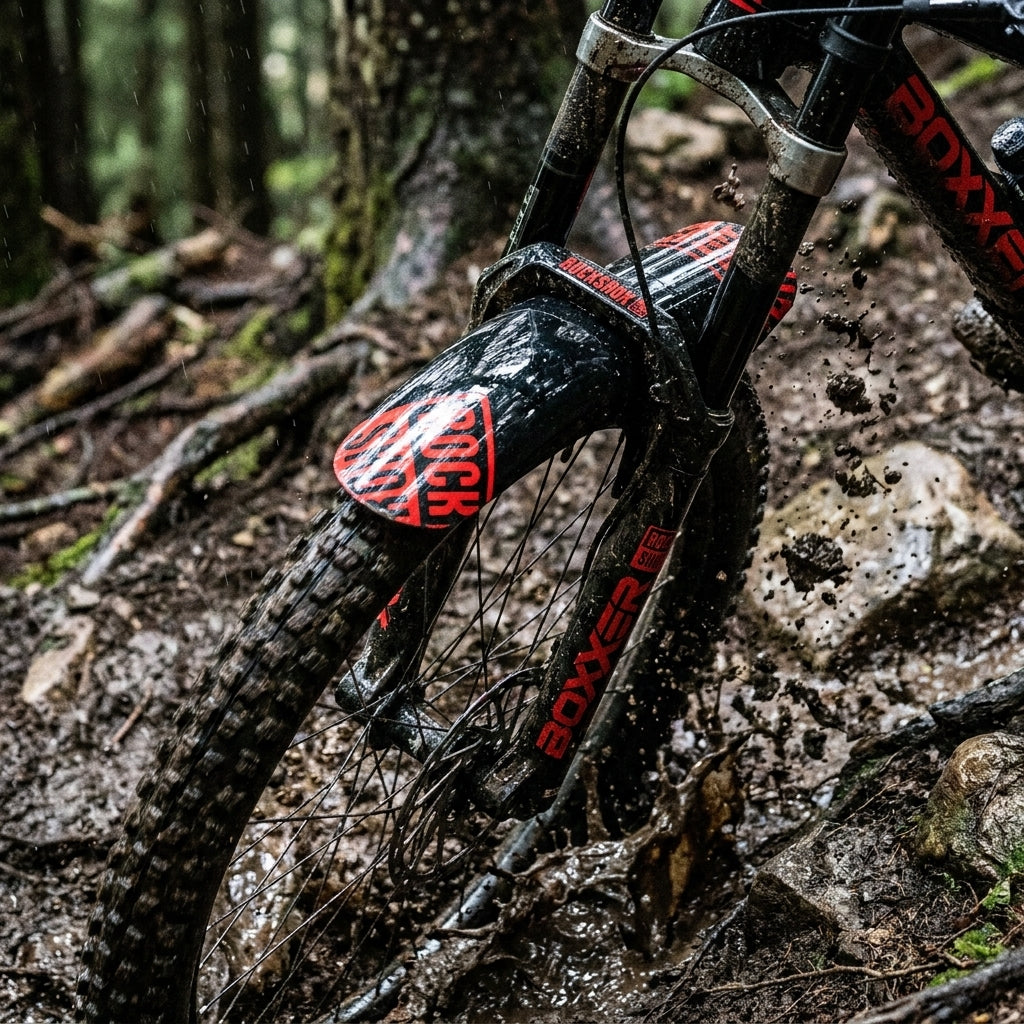 Rockshox BoXXer MTB Schutzblech schwarz/rot am Mountainbike auf schlammigem Waldweg.