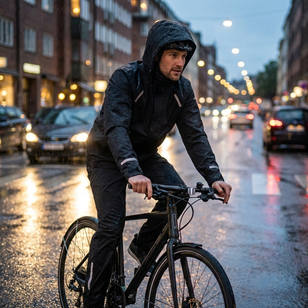Basil Hoga Unisex Fahrrad Regenanzug jet black an Mann, der bei Regen auf nasser Stadtstraße radelt.
