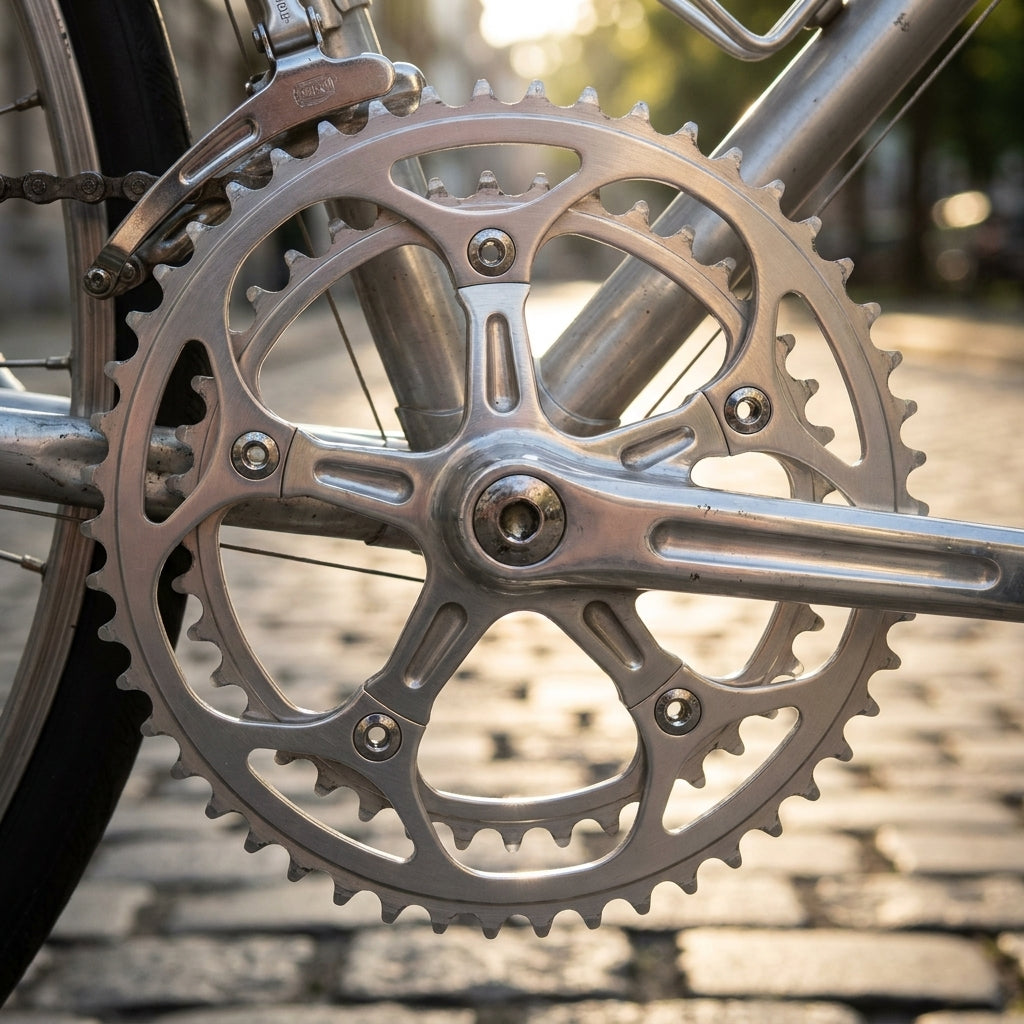 STRONGLIGHT Kettenblatt silber, 50 Zähne, 110mm Lochkreis, an Fahrradkurbel montiert.