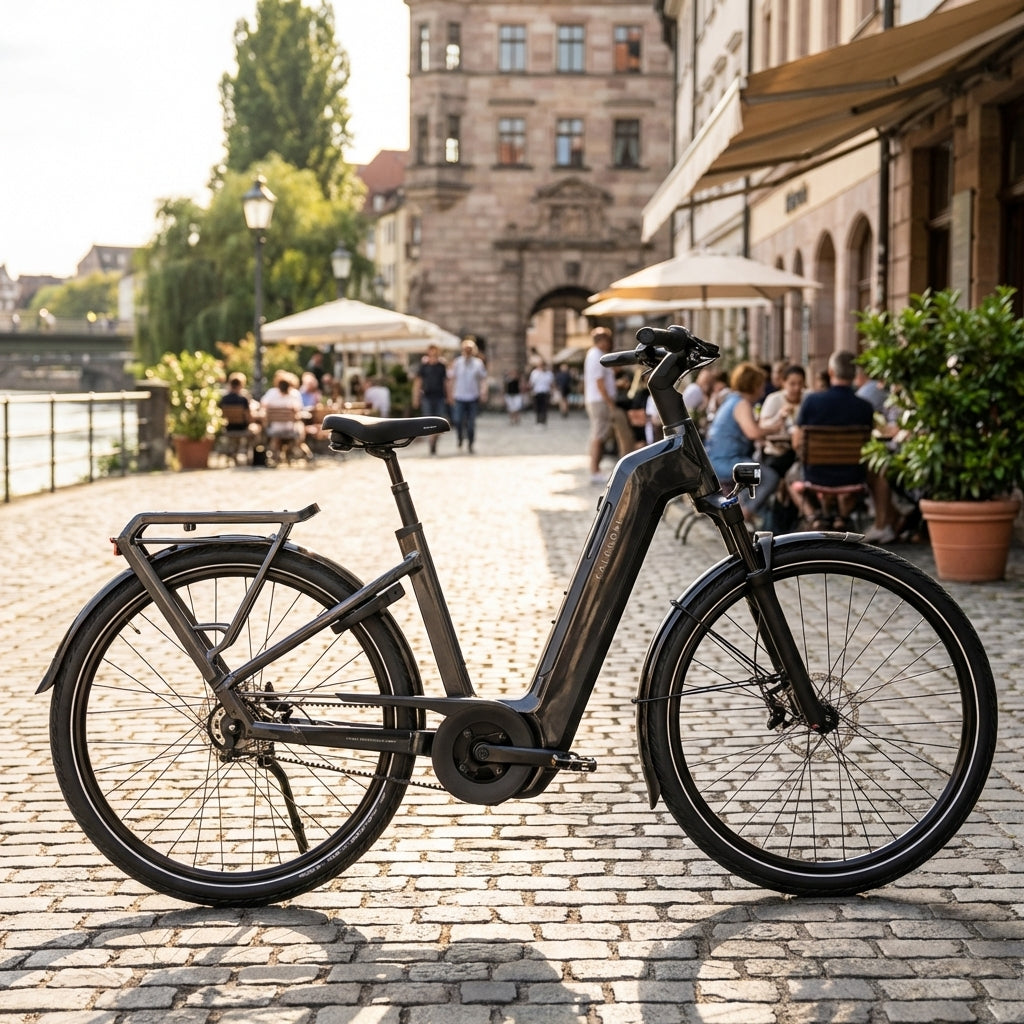 Kalkhoff IMAGE 5+ MOVE komfortables City-E-Bike, diamant-schwarz glänzend, mit starkem Bosch-Motor auf Kopfsteinpflaster.