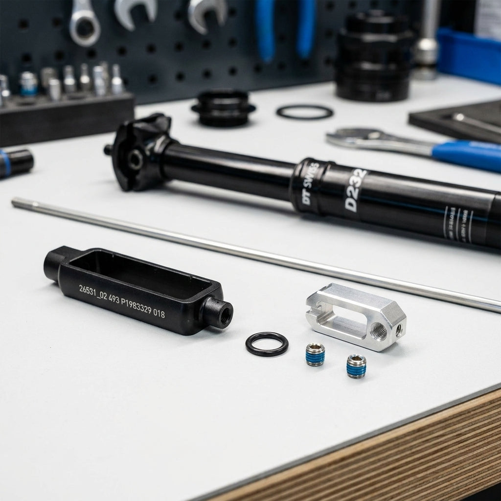DT Swiss D232 Quick Connector Kit 305 mm Komponenten und Sattelstütze auf Werkbank für Anschluss-Upgrade.