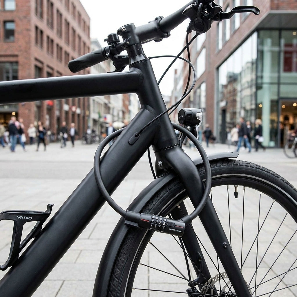 Trelock Zahlenkabelschloss KS 312/85/12 mit Vario-Halter ZK 234 am schwarzen Fahrrad in der Stadt.