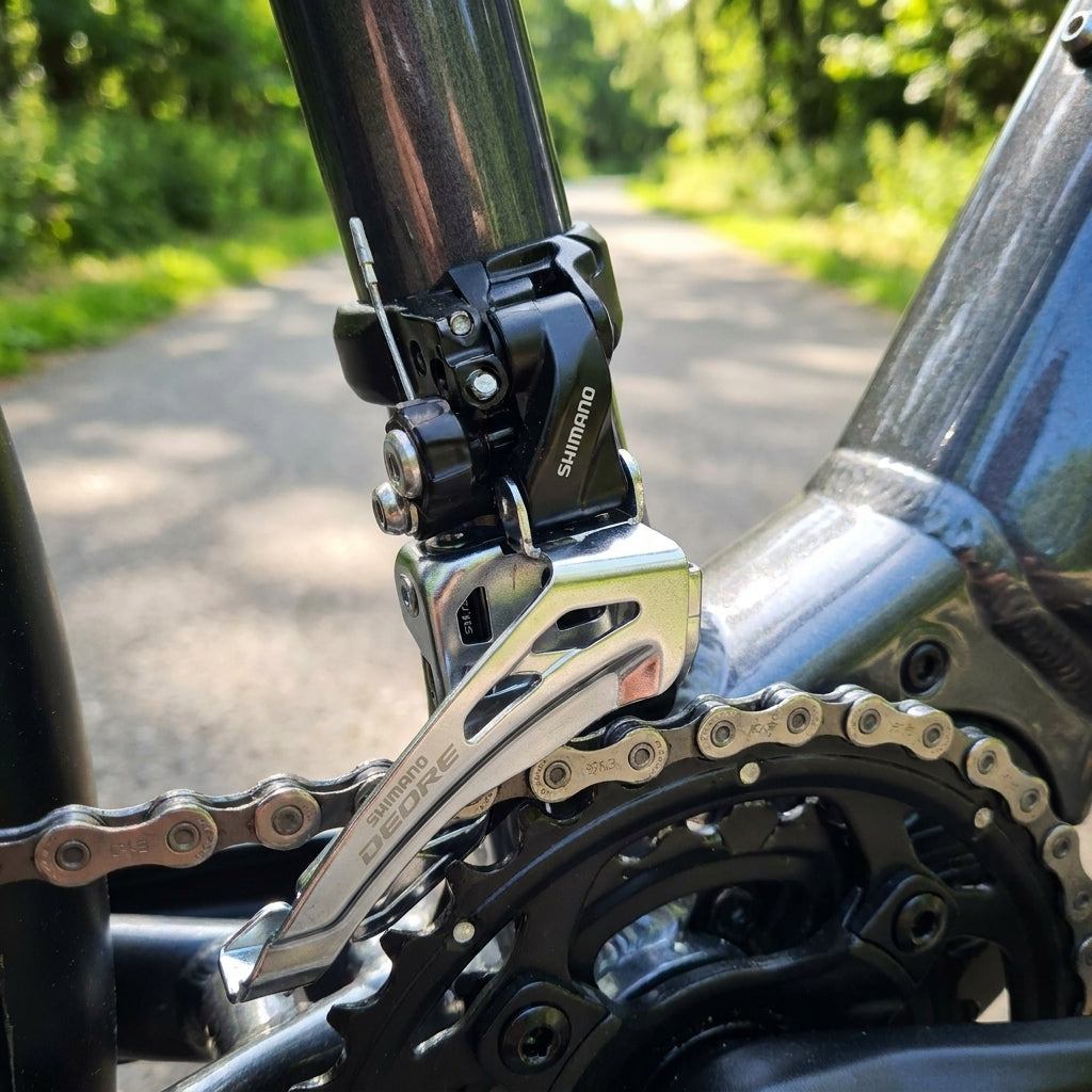 Detailaufnahme Shimano Deore SideSwing E-Type Umwerfer FDM617E6X für präzise 20-Gang-Pedelec-Schaltperformance.
