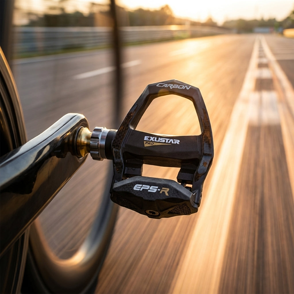 Exustar Pedal Race Carbon E-PR200CKTi am Rennrad in Bewegung auf der Straße bei Sonnenuntergang.