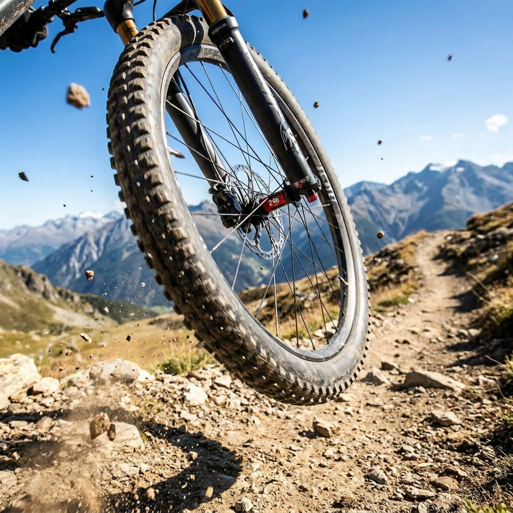 Leichte DT Swiss 240 MTB Frontnabe am Mountainbike-Vorderrad, das auf einem Gebirgspfad Schmutz aufwirbelt.