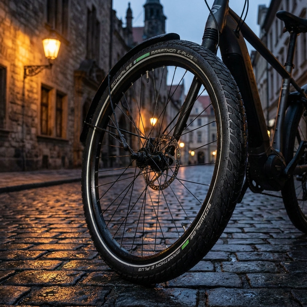 Schwalbe Marathon E-Plus Reifen, schwarz mit Reflexstreifen, auf E-Bike auf nasser Kopfsteinpflasterstraße am Abend.