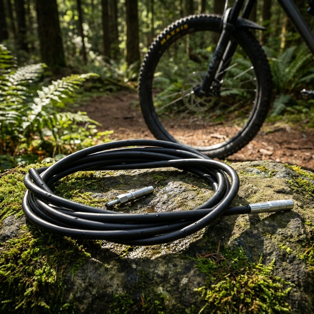 RockShox Reverb C. 2000mm Hydraulikleitung-Kit auf Moosfelsen vor Mountainbike im Wald.