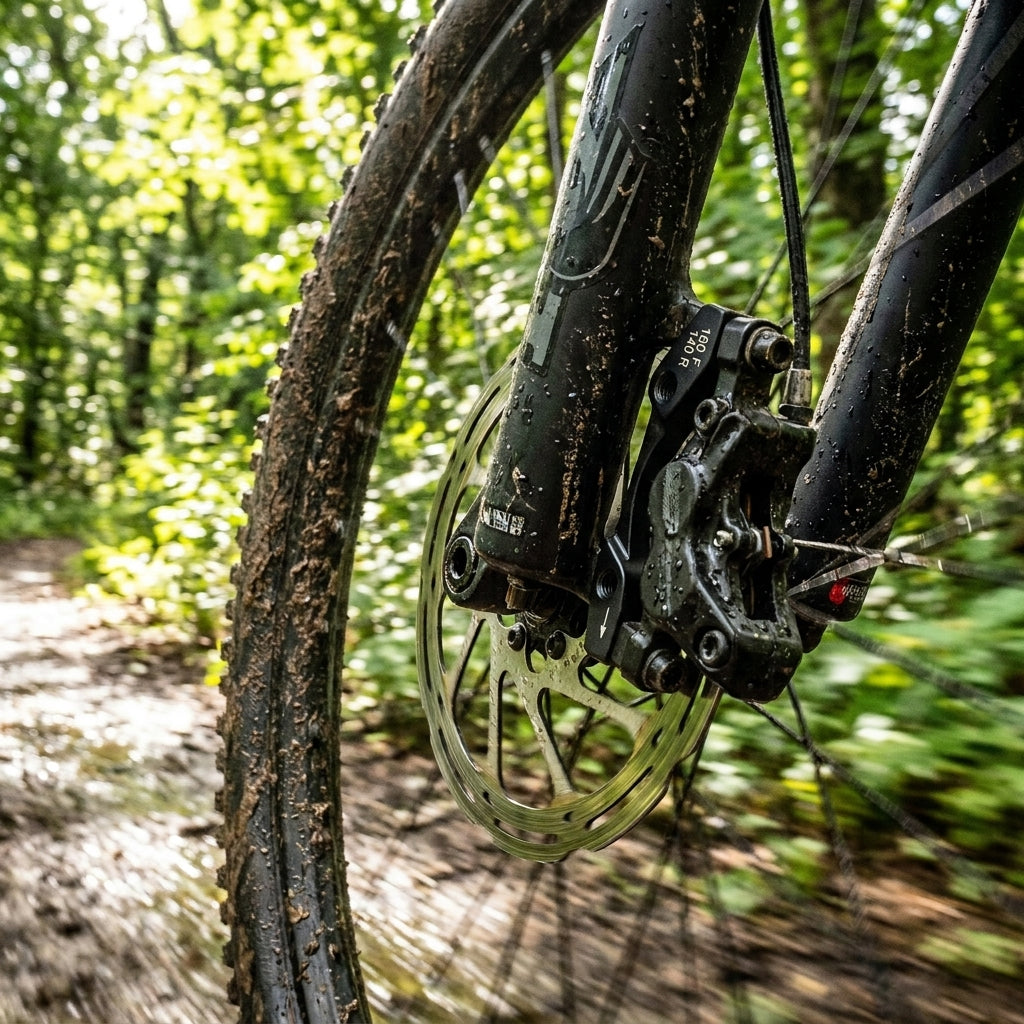 Avid Disc Adapter 20IS (180E/160R) an Mountainbike-Bremse mit schlammigem Reifen auf Waldweg.