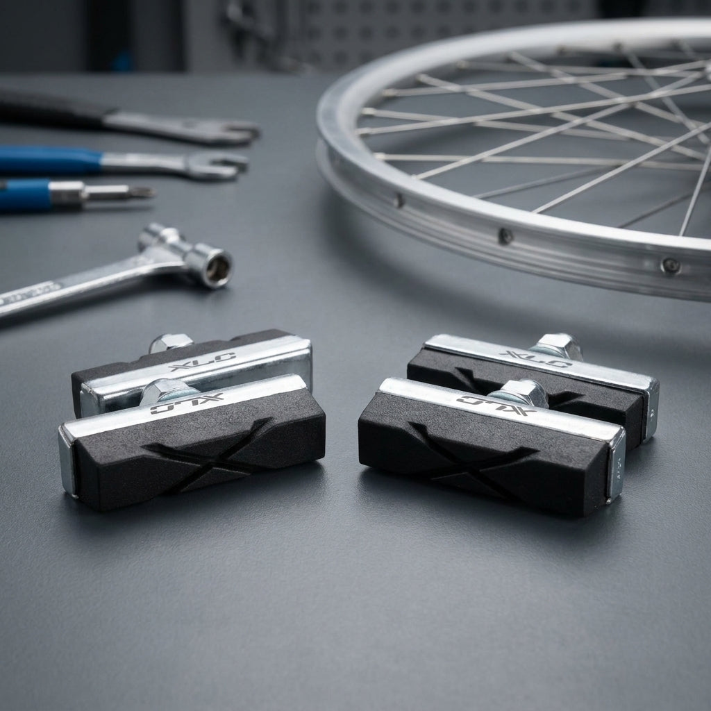 XLC Universal Bremsschuhe BS-C04 4er Set für Center- & Seitenzugbremsen, Alu- & Stahlfelgen, mit Werkzeug.