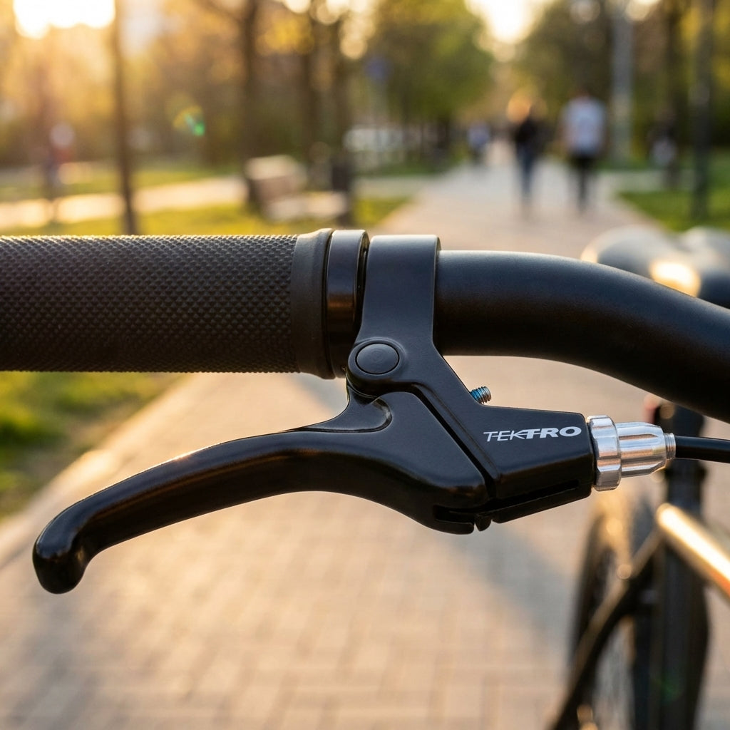 Schwarzer Tektro JL 510-TS Aluminium Bremshebel, rechts am Fahrradlenker montiert.