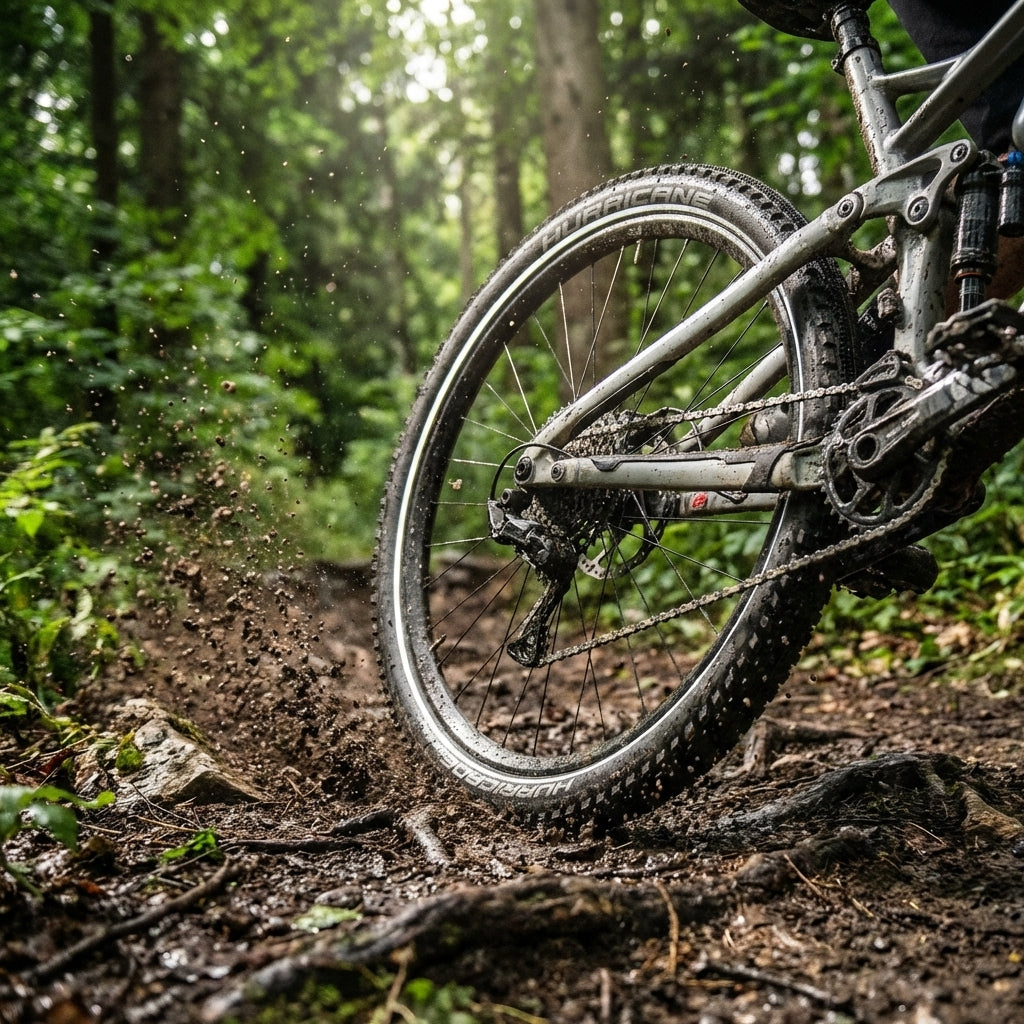 Schwalbe Reifen Hurricane 29x2.40" am Mountainbike auf schlammigem Waldweg, Schlamm spritzt.