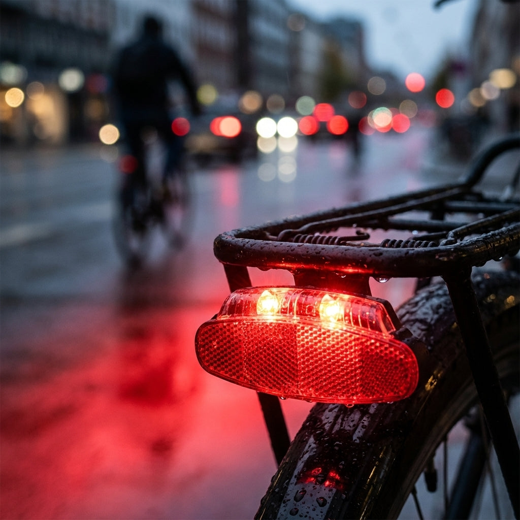 Büchel LED-Rücklicht Broadway Stoptech mit Standlicht StVZO am Fahrrad bei Regen in der Stadt.