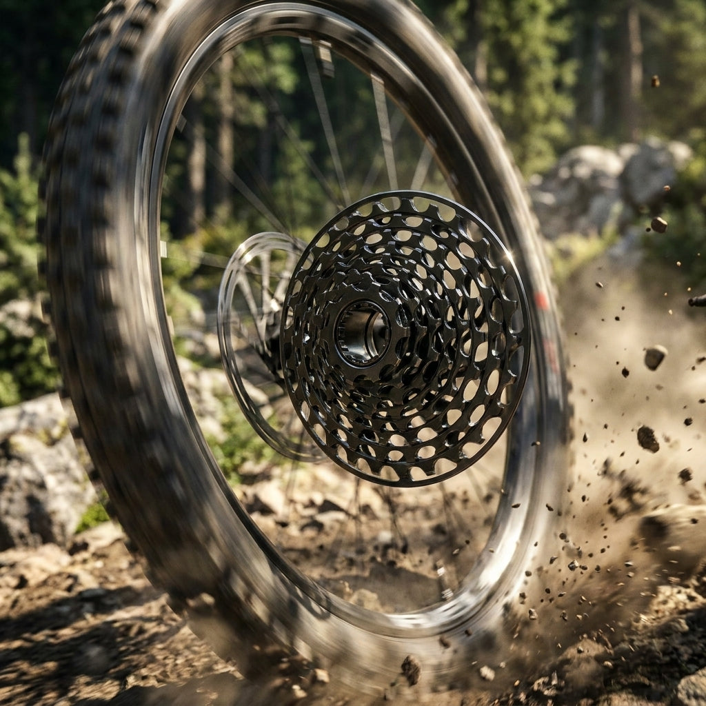 SRAM XG-795 X01 DH 7-fach Kassette am Mountainbike-Rad in Aktion, Schmutz spritzend, präzise Downhill-Schaltperformance.