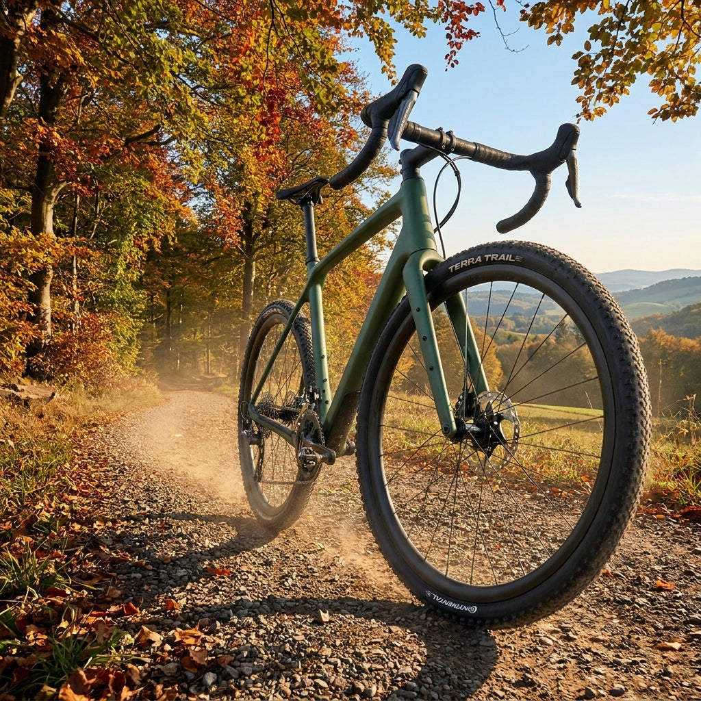 Continental Terra Trail Reifen 28x1.70 Zoll am Gravelbike auf herbstlichem Schotterweg mit Laub.
