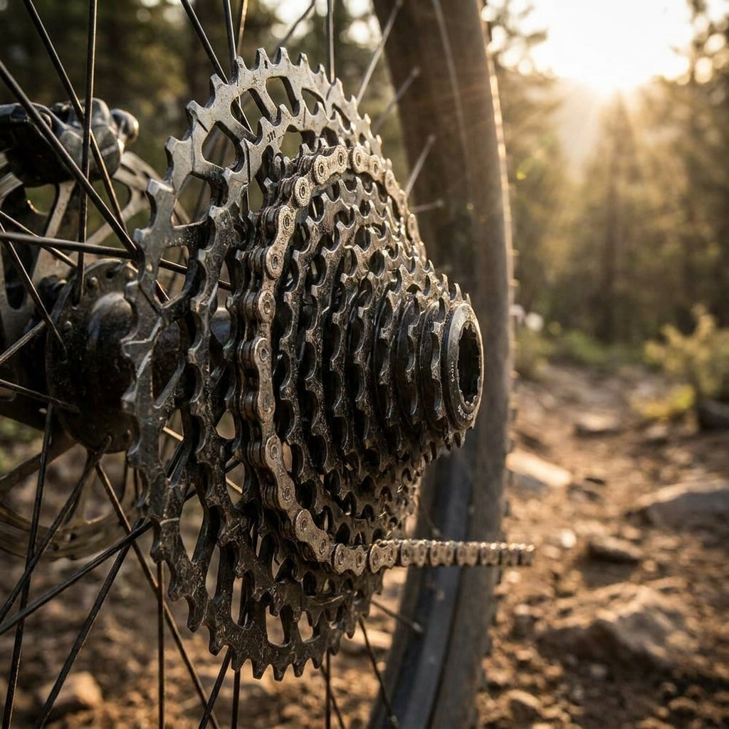 SRAM PG-1230 12-fach Kassette 11-50T am Mountainbike-Hinterrad mit Kette, Sonnenlicht im Wald.
