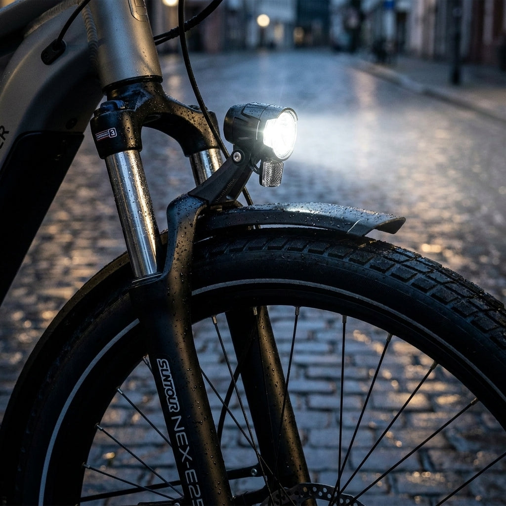 Busch+Müller Bumm Lampenhalter schwarz an Suntour NEX-E25 Federgabel mit leuchtendem Fahrradscheinwerfer auf nasser Straße.