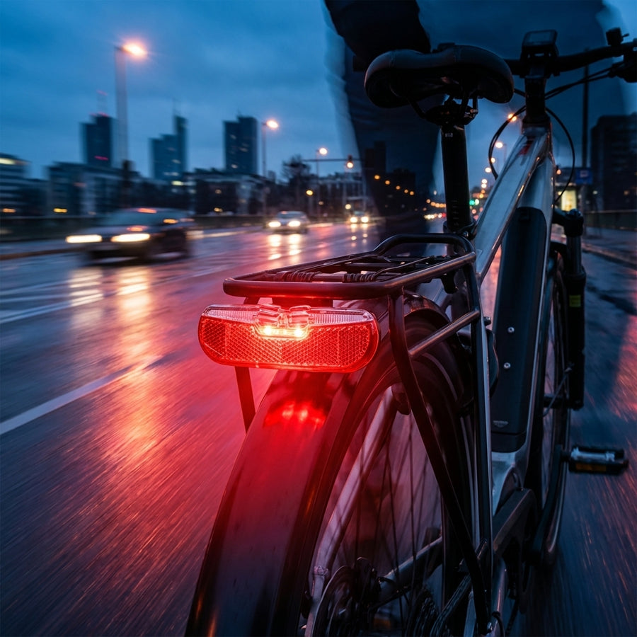 Trelock LED-Dynamo-Rücklicht Duo Flat am Fahrrad bei Nacht auf regennasser Stadtstraße.