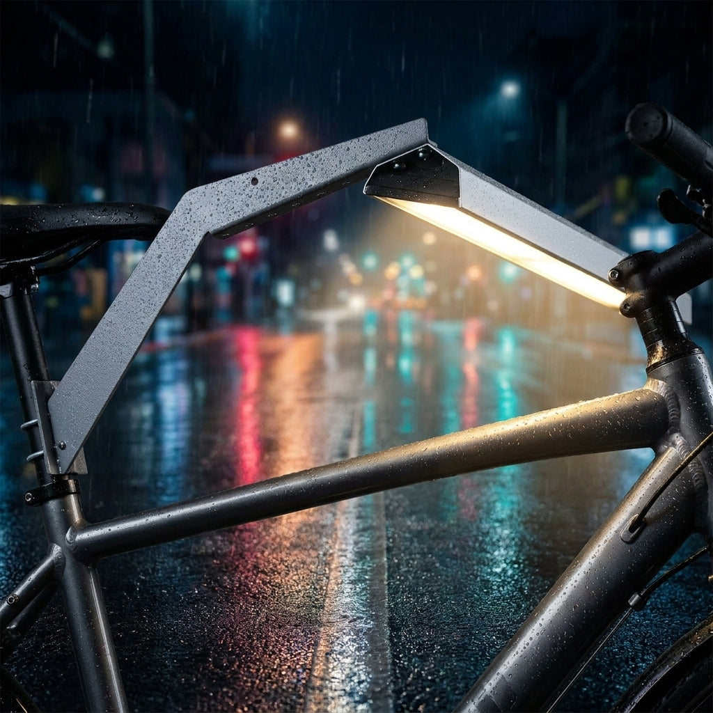 Unior Träger für Beleuchtung mit Halter 990HL am Rad im Regen, helle Lampe beleuchtet nasse Straße bei Nacht.
