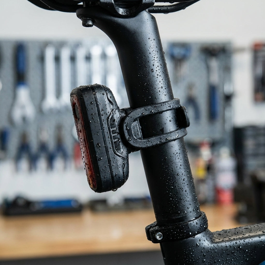 Knog Blinder MOB-ROAD R70 schwarzes Fahrrad Rücklicht mit Gurt an nasser Sattelstütze, wasserdicht.