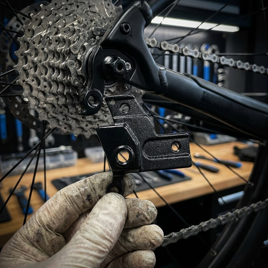 XLC Schaltauge DO-A117 Winora Yakun V2 Kettenschaltung, schwarz, in schmutziger Hand vor Fahrrad-Kassette.