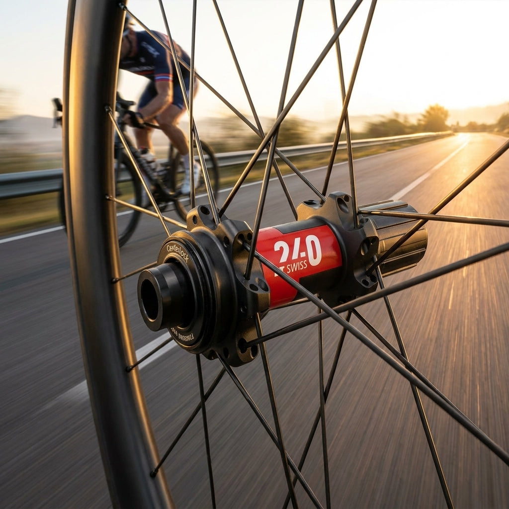 Leichte DT Swiss 240 EXP Highend Vorderradnabe schwarz, Speichen, Radfahrer auf Straße bei Sonnenuntergang.