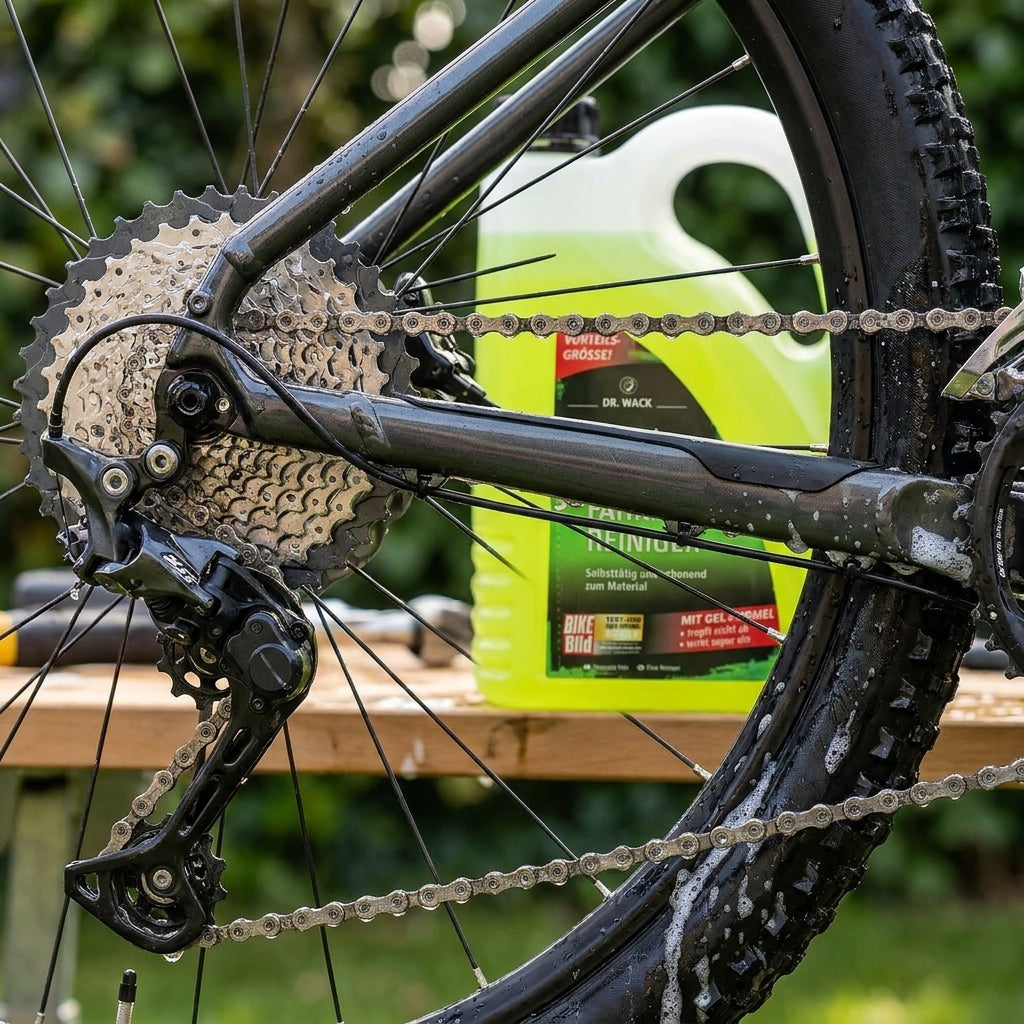 DR. WACK F100 Fahrradreiniger 2L reinigt Mountainbike Kette, Kassette und Laufrad von Schmutz für professionelle Pflege.