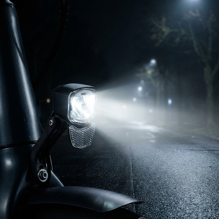 LITEMOVE RX-E90 E-Bike Frontlicht mit starkem Fernlicht leuchtet nasse Straße im Dunkeln aus.