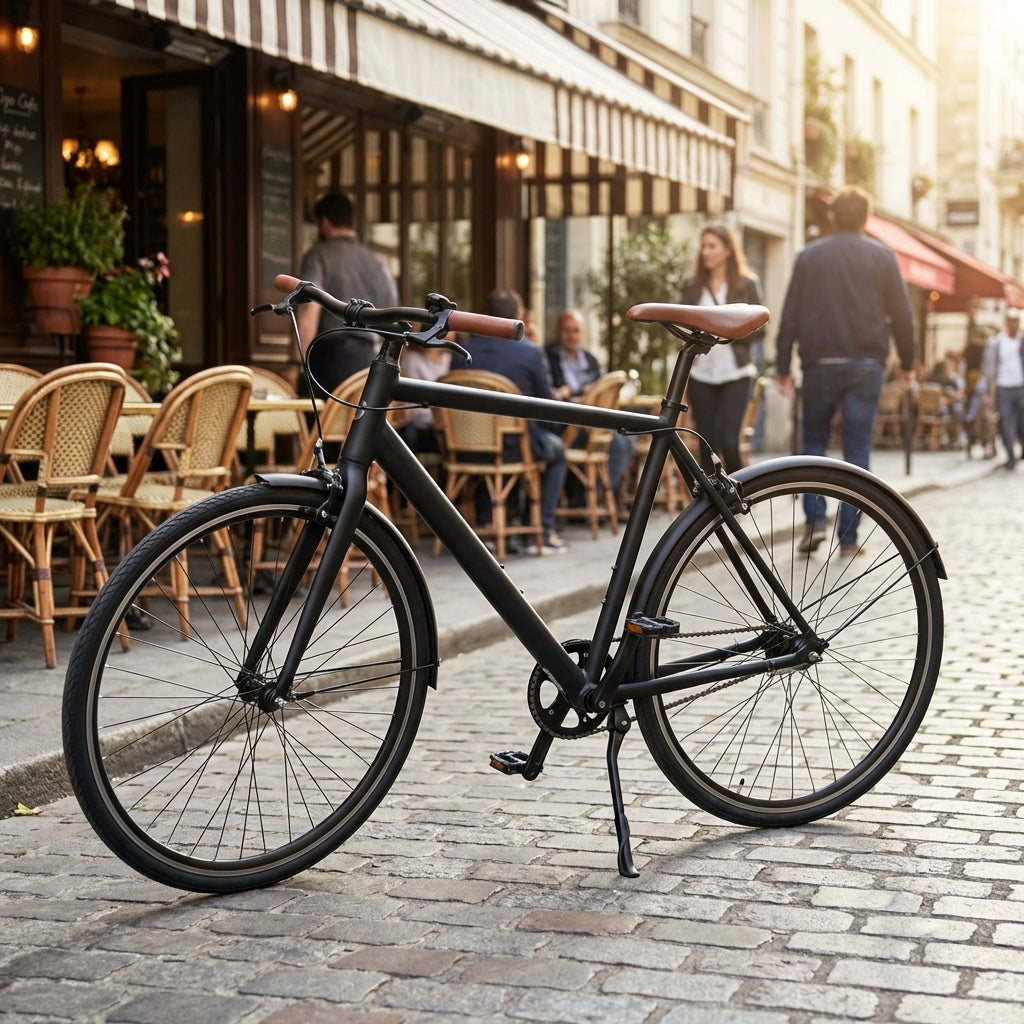 Schwarzes Fahrrad mit Pletscher Comp 18 Hinterbauständer 26 Zoll auf Kopfsteinpflaster vor Café.