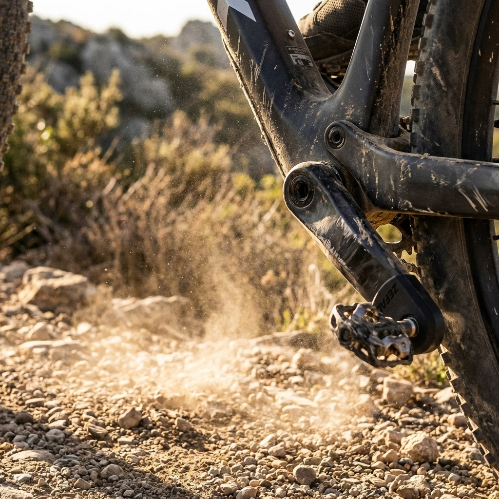Zefal Kurbelschutz Crank Armor schwarz am Mountainbike auf staubigem Trail im Einsatz, schützt Kurbelarm.
