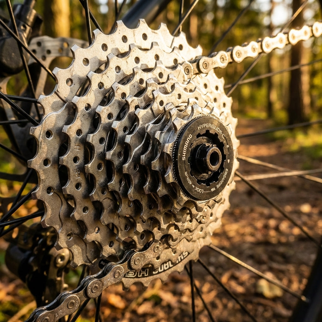 SHIMANO ACERA CS-HG41 8-fach Kassette 11-34 Zähne am Fahrrad Hinterrad im Wald.