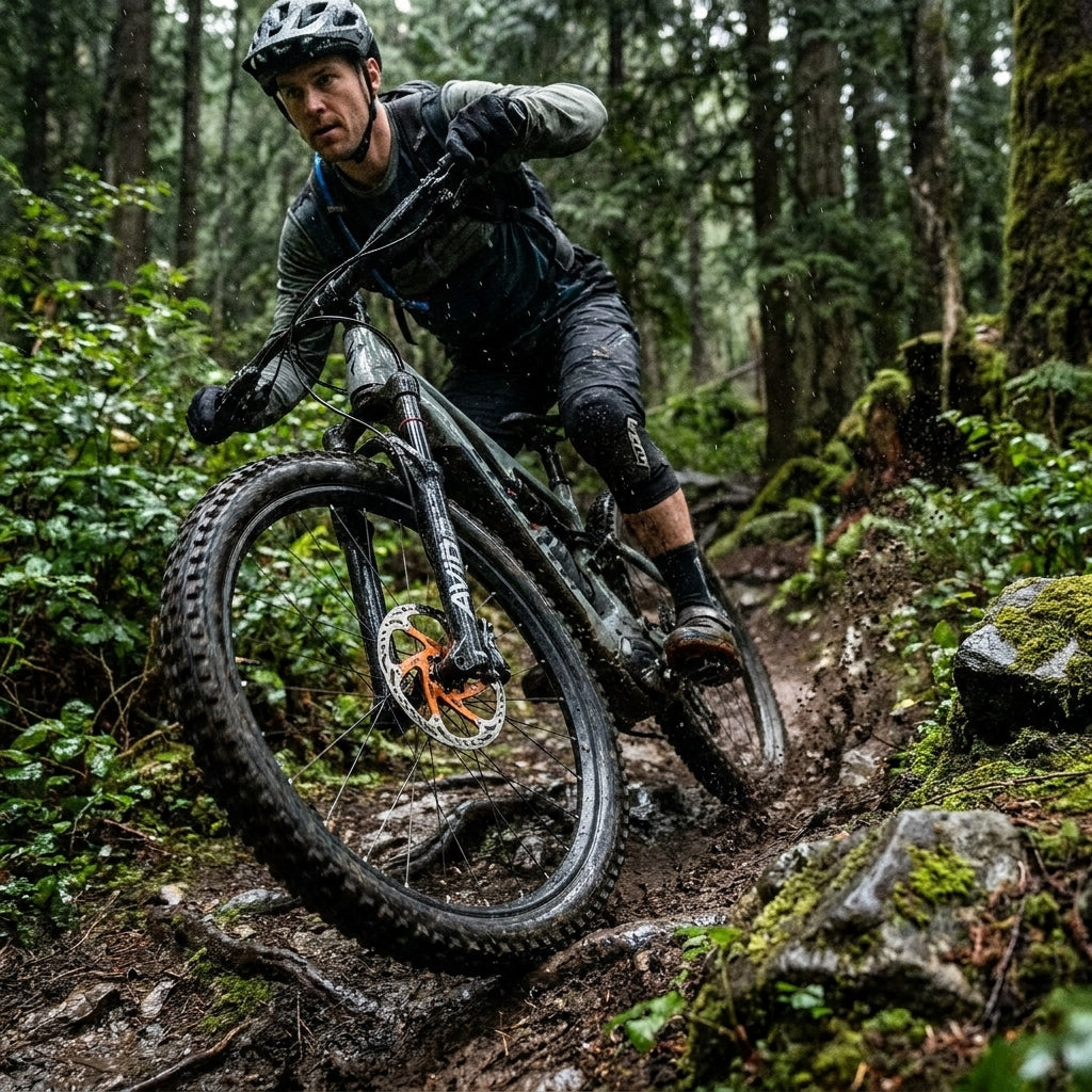 Avid Scheibenbremsbeläge Code/Guide RE: Mountainbiker auf schlammigem Waldweg mit Avid Scheibenbremse.